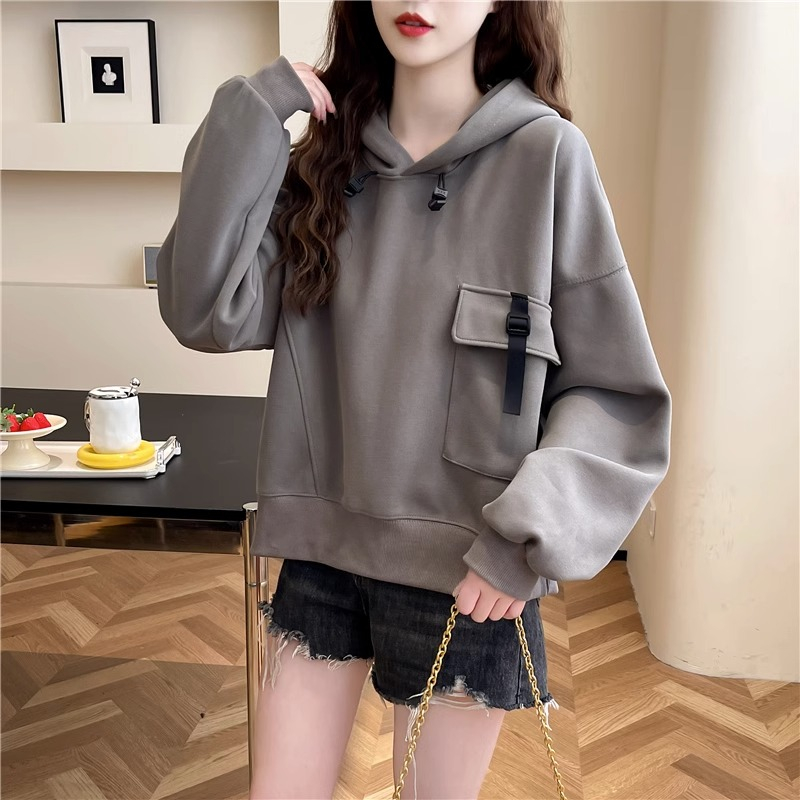 Official picture of imitation cotton Chinese cotton composite non-pilling thin spring and autumn hooded loose design sweatshirt women's trendy tops