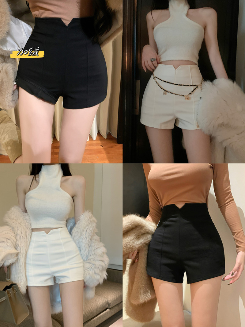 Real shot of velvet outer stretch shorts for women, high-waisted, black, slim, versatile, A-line suit, outer wear, boots and pants, trendy