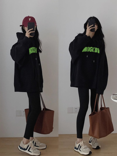 Official picture Korean version hiphop hooded trendy sweatshirt for women autumn and winter loose oversize versatile velvet top