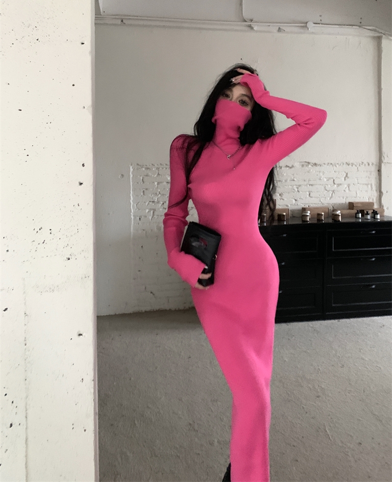 Actual shot of autumn and winter pure desire hottie dragon fruit rear slit high collar knitted slim waist dress long skirt