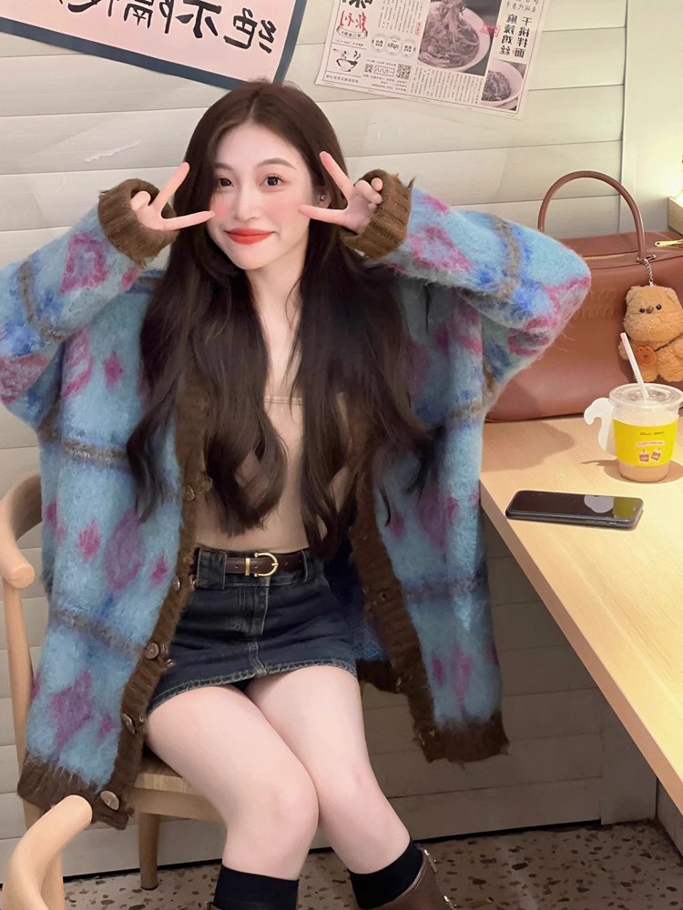 復古長袖針織開衫女秋冬設計感小眾寬鬆顯瘦百搭休閒中長款針織衫