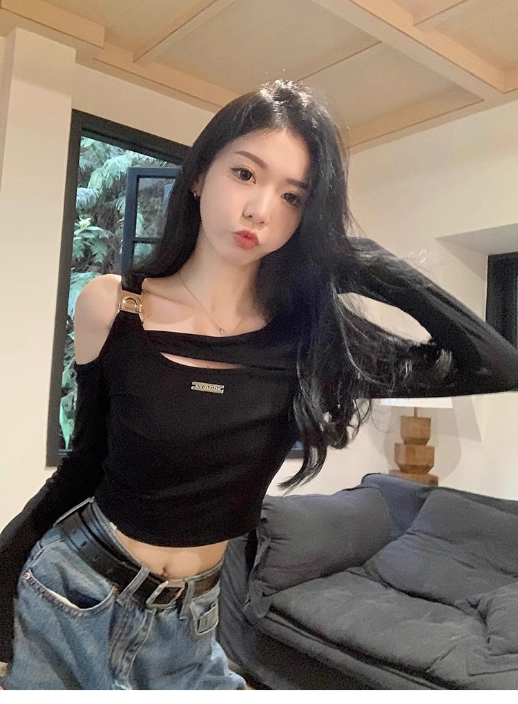 Official photo High-elastic German velvet ribbed off-shoulder bottoming shirt long-sleeved T-shirt for women autumn slim-fitting short crop top