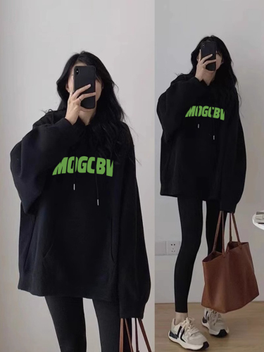 Official picture Korean version hiphop hooded trendy sweatshirt for women autumn and winter loose oversize versatile velvet top