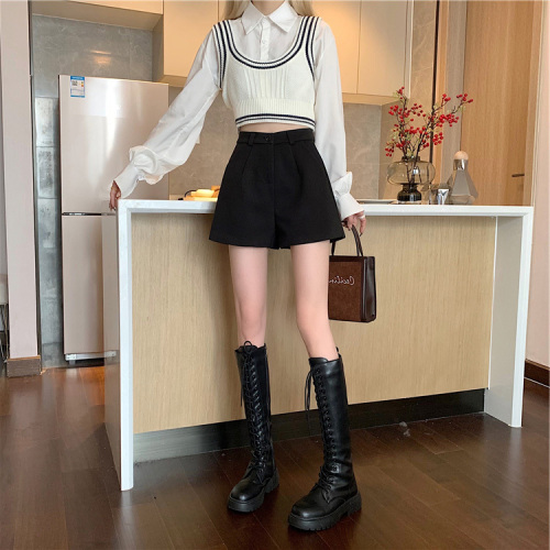 Brown woolen shorts for women in autumn and winter new outer boot pants slimming high waist wide leg casual a-line pants