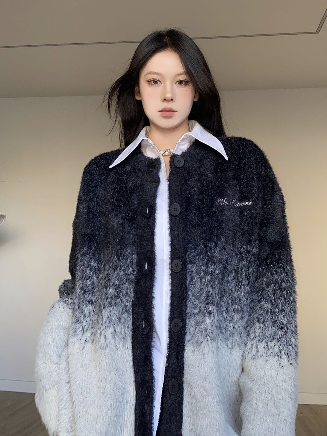 184# American Retro Maillard Gradient Sweater Cardigan Winter Loose Women's Knitted Jacket