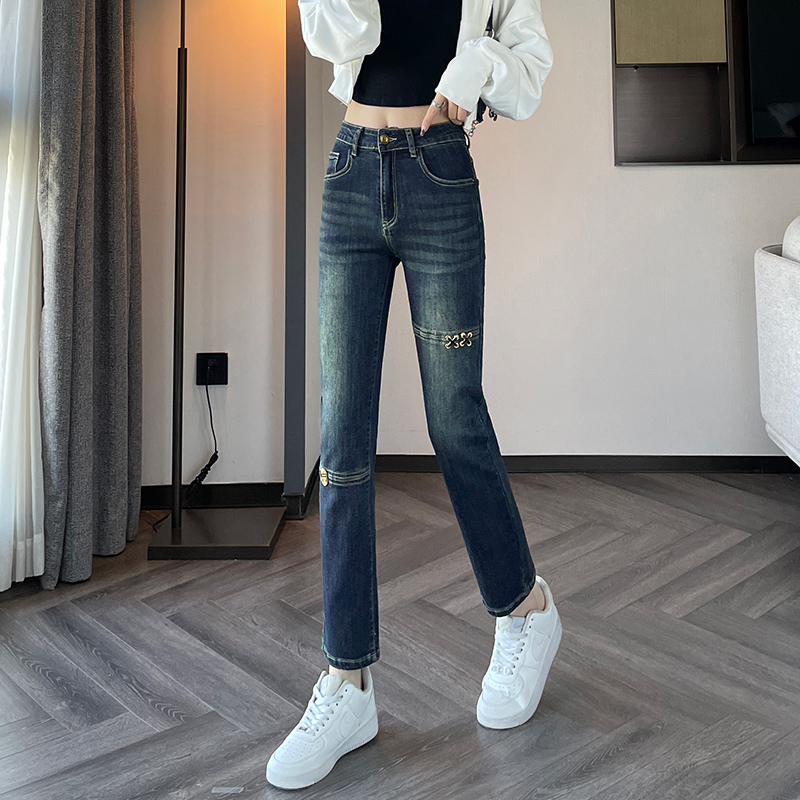 實拍2023秋季時尚潮流直筒破洞復古牛仔褲女