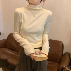 Actual shot of autumn and winter Korean style half turtleneck solid color fishbone velvet slim inner T-shirt long-sleeved bottoming top for women