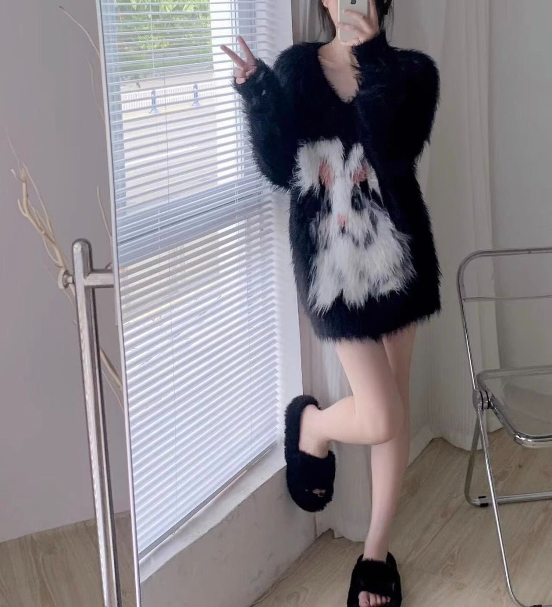 仿貂兔子毛衣女秋冬加厚寬鬆慵懶風軟糯套頭V領針織上衣