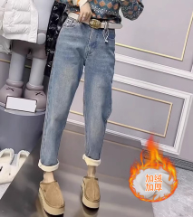 Official Picture Large Size Women's 2023 New High-Waisted Elastic Harem Jeans for Plus Size Women Winter Fleece Slim Father Pants