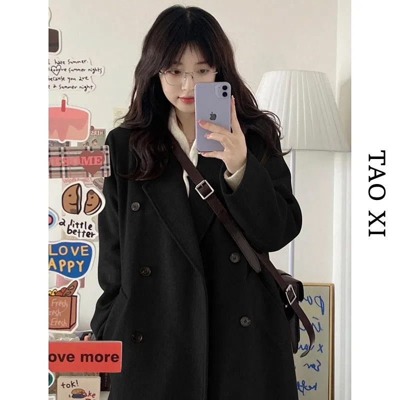 2023 New Student Korean Style Loose Slim Black Woolen Coat Women's Medium Long Thick Woolen Coat