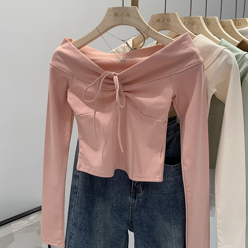 Real photos of hot girls short one-shoulder bow tie dopamine slim long-sleeved T-shirt