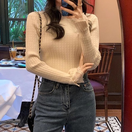 French white knitted sweater with lace and fur inner layer for women's autumn and winter slimming half-turtleneck sweater bottoming shirt top
