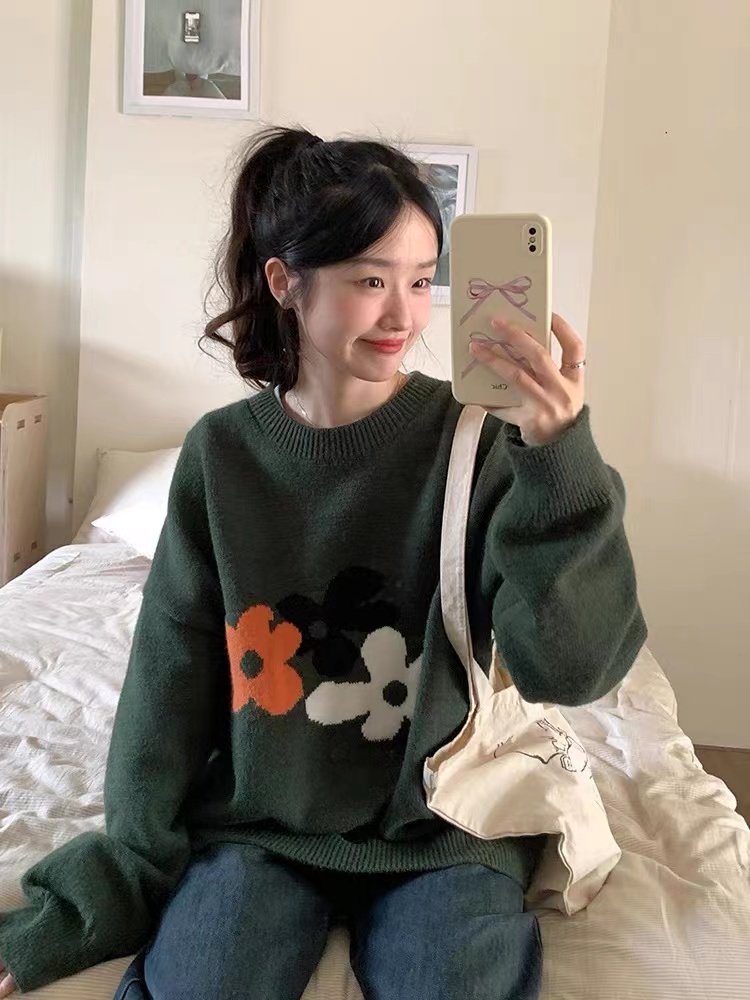2023秋冬新款復古花朵圓領ins韓系高品寬鬆花朵針織衫套頭毛衣女
