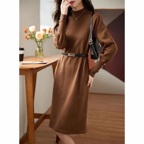 Royal Sister Style Solid Color Slim Knitted Dress Women's  Spring and Autumn New Style Simple Feminine Long Skirt