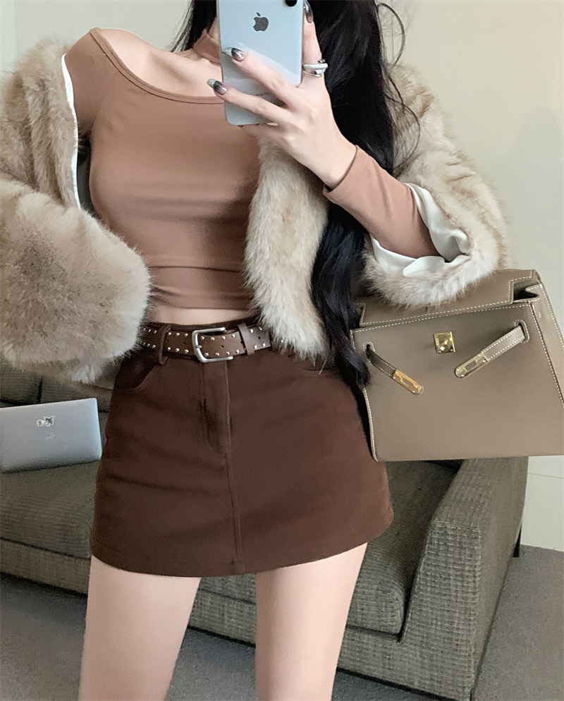 Real shot!  !  Velvet thickened denim skirt women's autumn and winter hot girl skirt high waist A-line hip-hugging short skirt