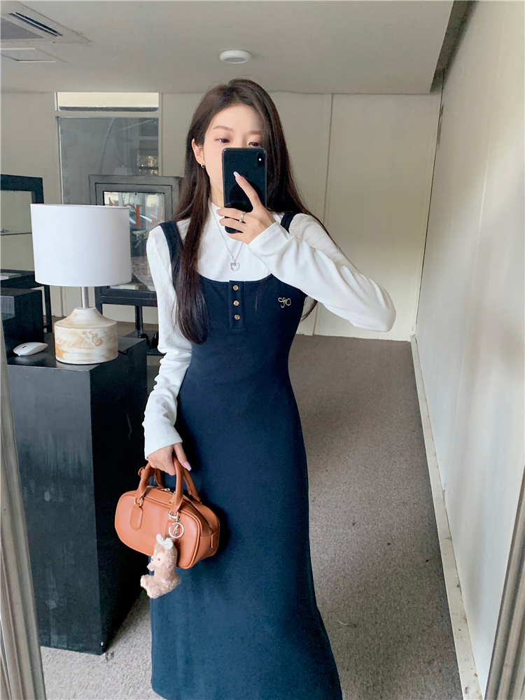 實拍~冬季新款打底中長款吊帶裙T恤套裝女