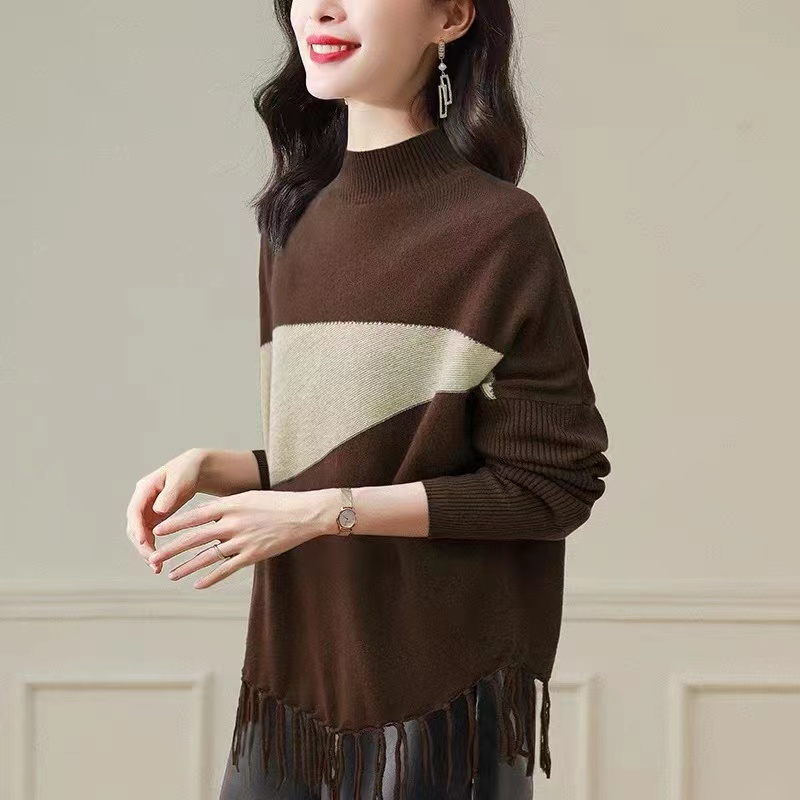 Designed hem tassel niche chic sweater autumn and winter half turtleneck knitted bottoming shirt women's top