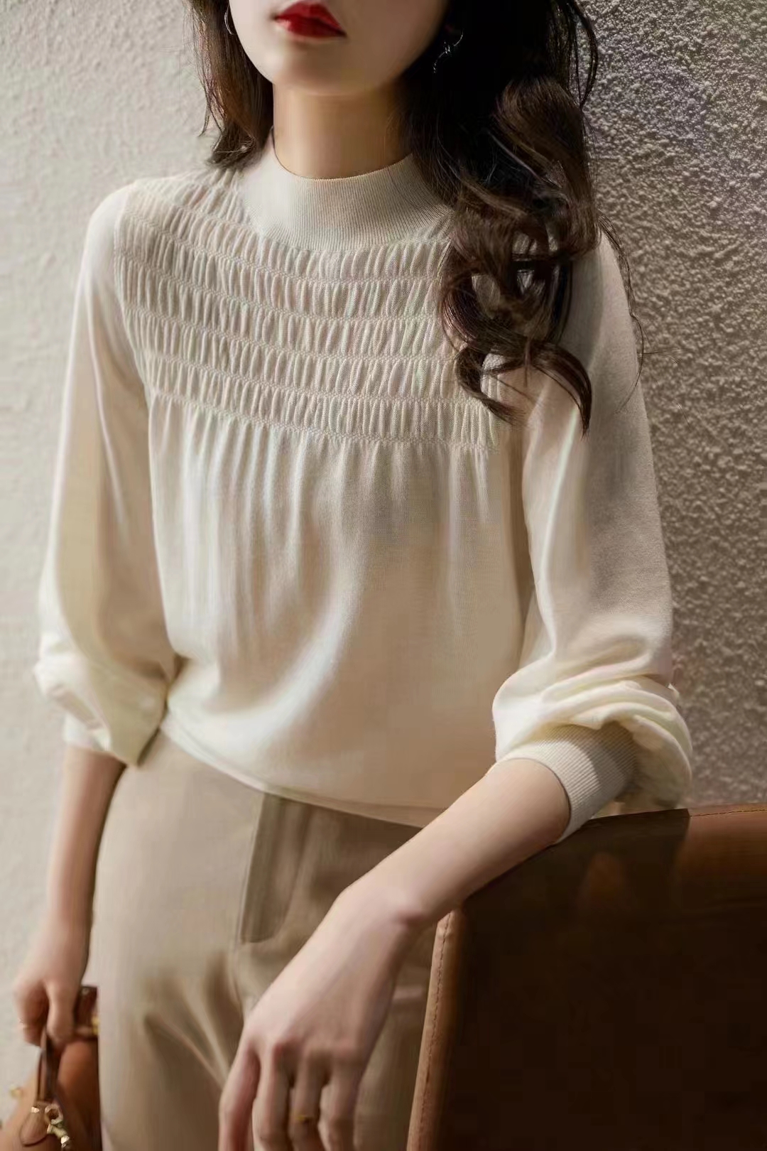 Half turtleneck cardigan for women, thin long-sleeved design, niche pullover sweater, lantern sleeve bottoming shirt top
