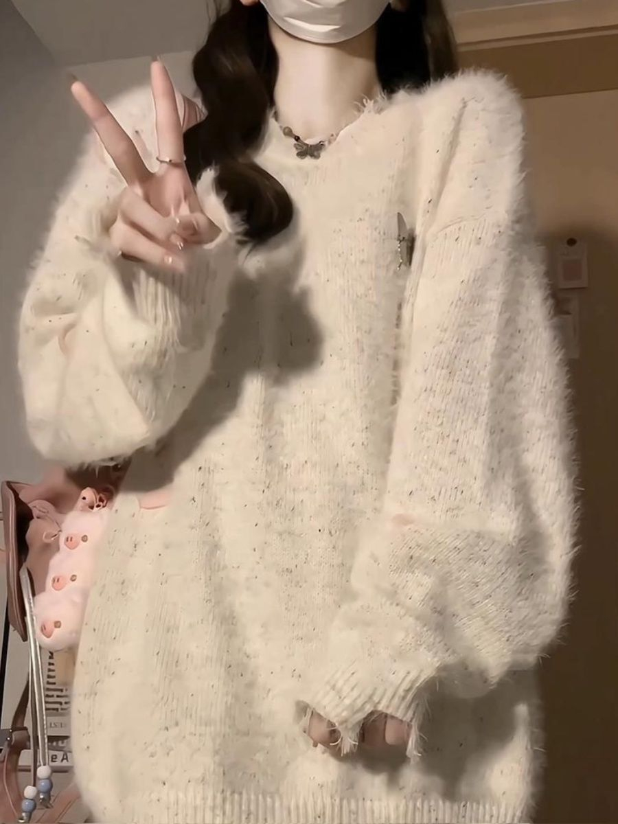 181# Japanese casual lazy style soft waxy sweater jacket for women autumn and winter bow design v-neck knitted top
