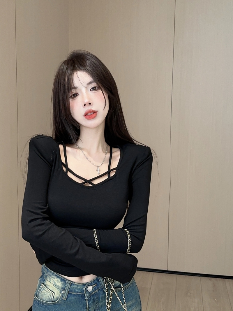 純欲甜辣妹短款修身上衣女秋冬美拉德方領鎖骨內搭打底衫長袖t恤