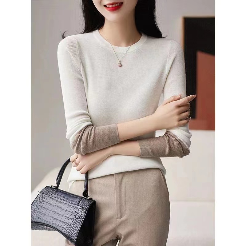 いElegance and slimming!  Temperament style, contrasting cuffs, round neck long-sleeved sweater top for women
