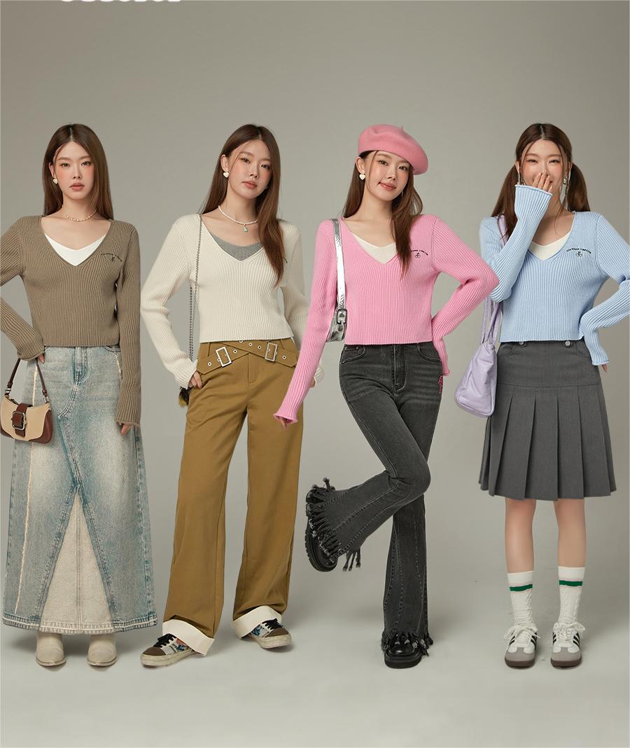 Fake two-piece spliced ​​letter embroidered long-sleeved sweater for women in fall and winter, slim-fitting inner layered high-end sweater base top