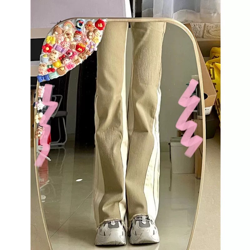 美式復古辣妹高腰奶茶杏色拼色牛仔褲女喇叭褲拖地褲子高街ins潮
