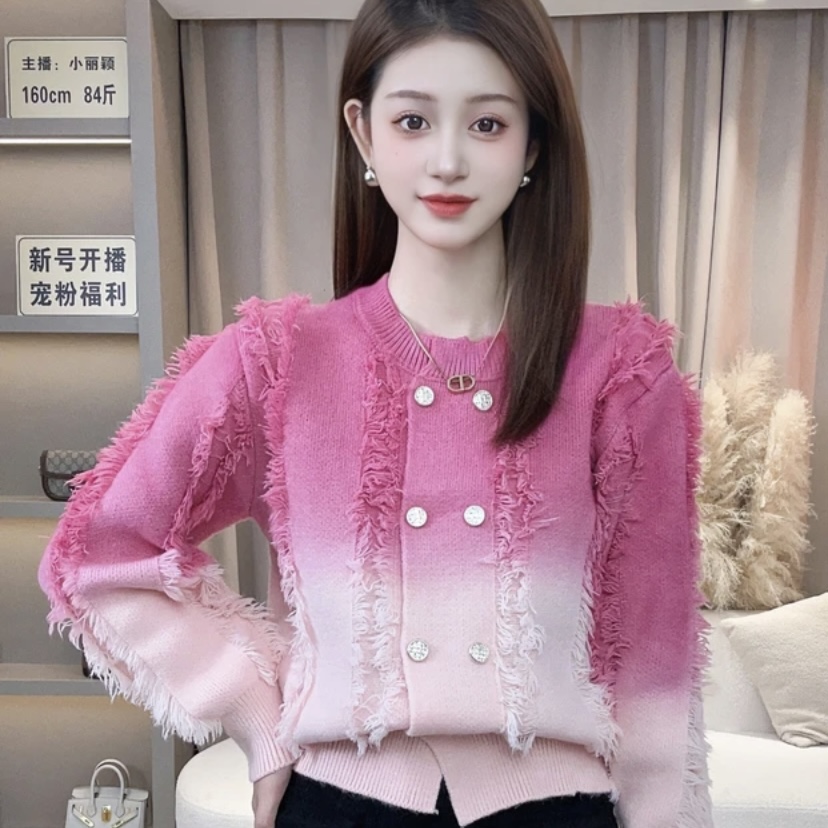 2023 new autumn heavy industry sweater long-sleeved sweater tassel smudged sweater for women