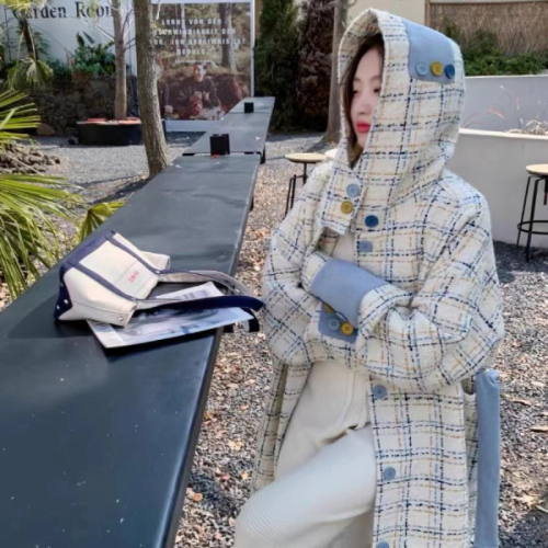 小香风格子呢子大衣女冬季2023年新款韩系设计感小众连帽毛呢外套