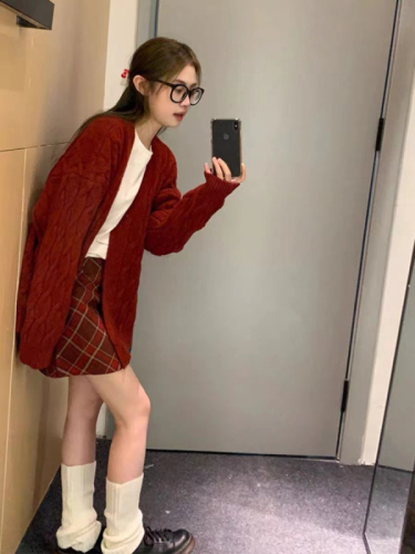 Korean style lazy style twist knitted cardigan for women 2023 autumn and winter new high waist slim skirt suit