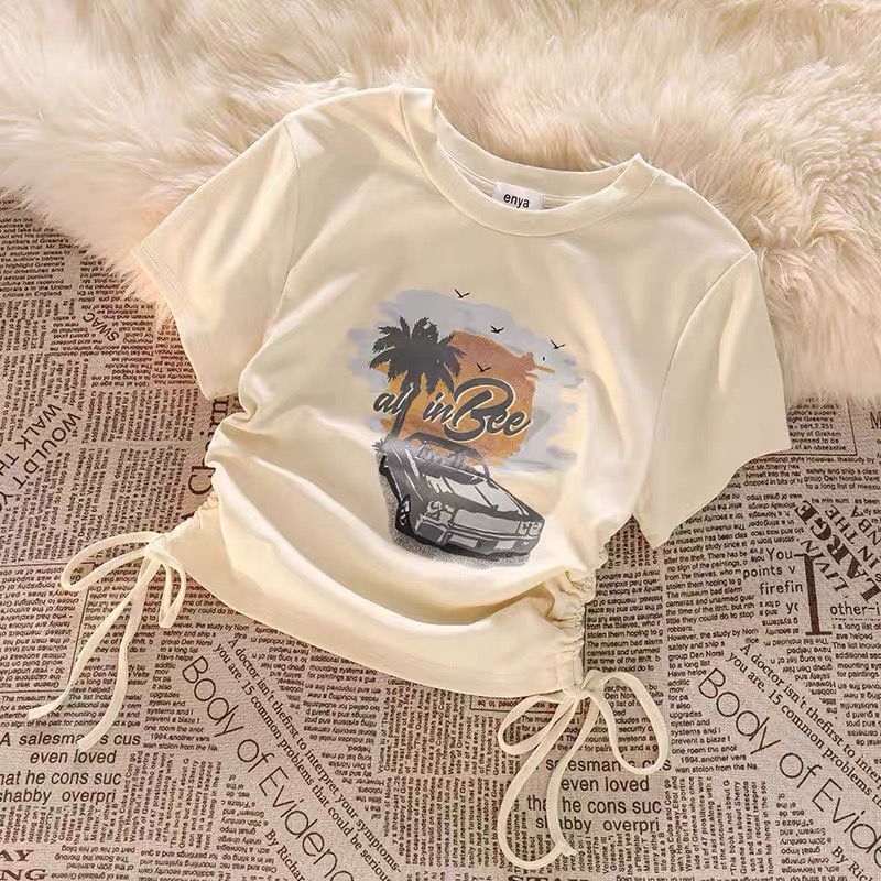 ~American retro drawstring short-sleeved women’s summer street T-shirt