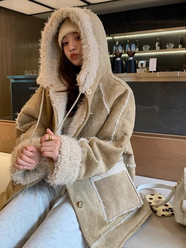 Maillard hooded thickened lambswool coat for women winter plus velvet casual loose mid-length fur all-in-one cotton coat
