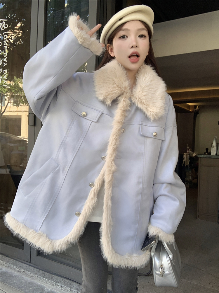 Actual shot~Autumn and winter warm lapel loose fur stitching quilted jacket for women