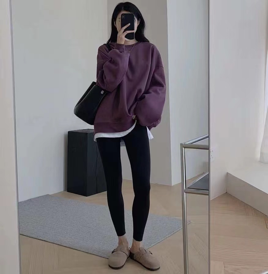 American retro purple lazy style plus velvet thickened sweatshirt for women autumn and winter high-end + shark pants two-piece set