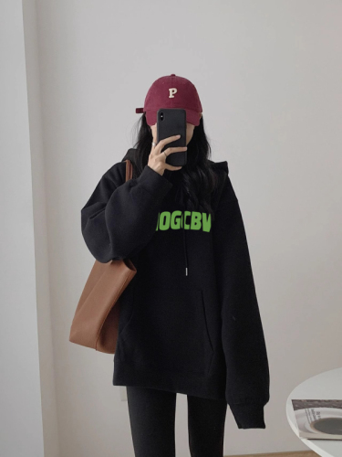 Official picture Korean version hiphop hooded trendy sweatshirt for women autumn and winter loose oversize versatile velvet top