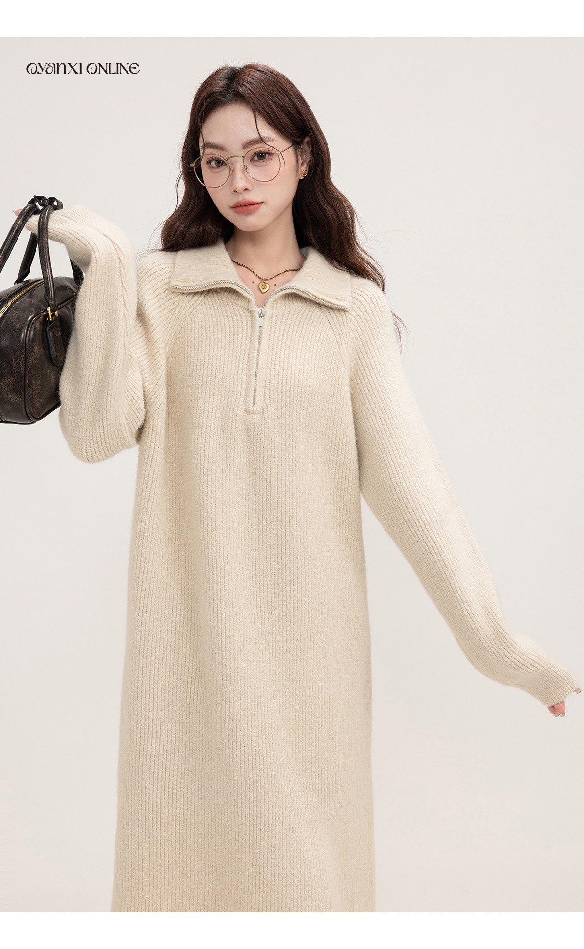Ouyang Ximiao Girlfriend Late Autumn French Lapel Solid Color A-Line Long Skirt Versatile Slim Fit Dress