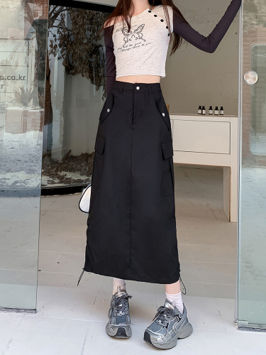 Actual shot ~ American workwear skirt for women in autumn, high-waisted A-line slit skirt, slim, casual, versatile mid-length skirt