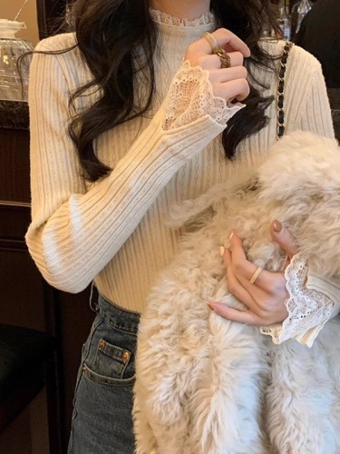 French white knitted sweater with lace and fur inner layer for women's autumn and winter slimming half-turtleneck sweater bottoming shirt top