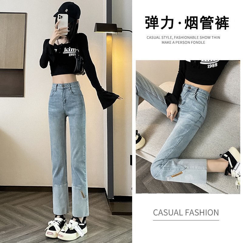 實拍2023秋季時尚高腰直筒復古牛仔褲女