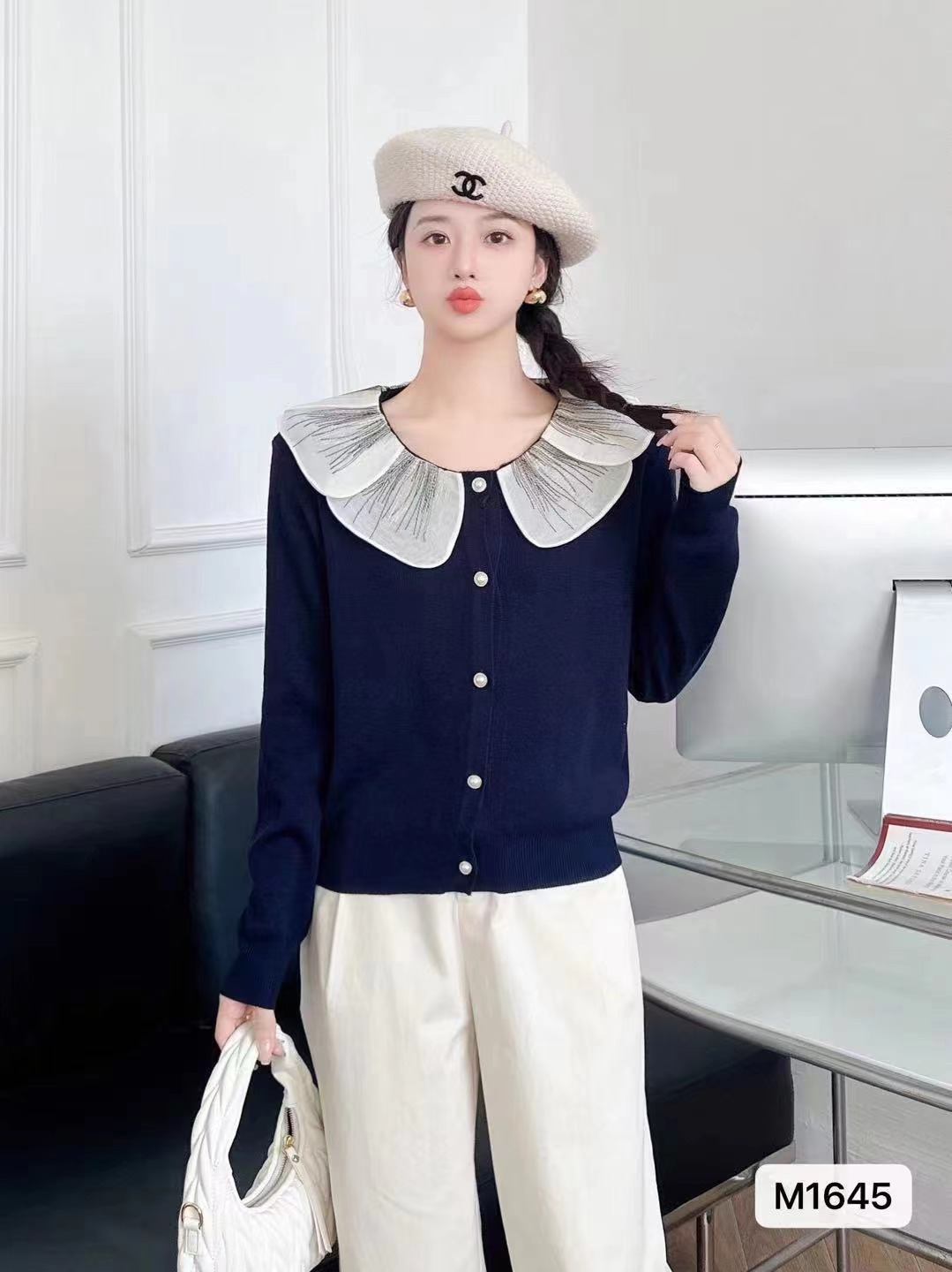 秋冬新款韓版時尚簡約洋氣花邊娃娃領拼接長袖開衫上衣女