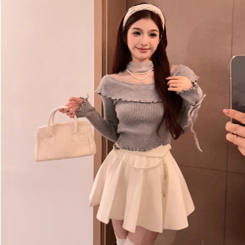 Pure sexy hottie black slanted shoulder long-sleeved knitted women's autumn and winter sexy off-shoulder, slim, irregular and chic