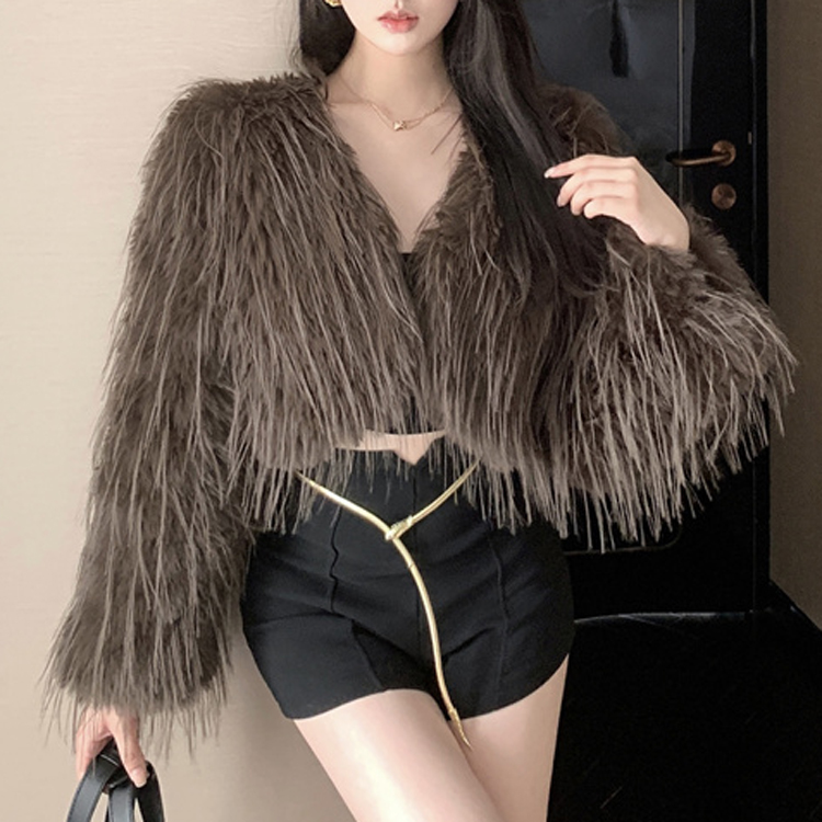 Actual shot of 2023 new winter style high-end temperament solid color fringed fur short coat fur plush cardigan top