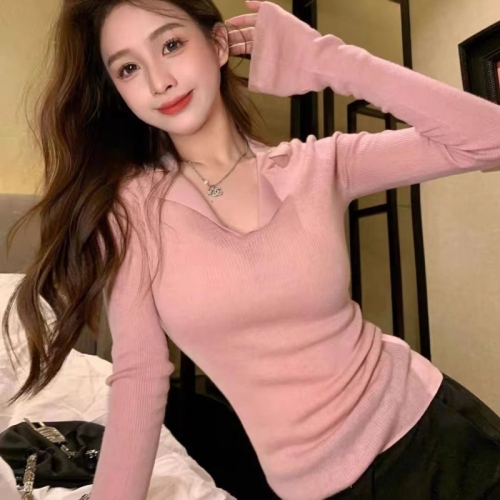 polo collar sweater women's autumn new Korean version simple versatile slim slim sexy thin bottoming top