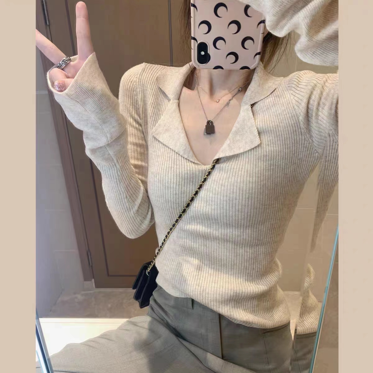 polo collar sweater women's autumn new Korean version simple versatile slim slim sexy thin bottoming top