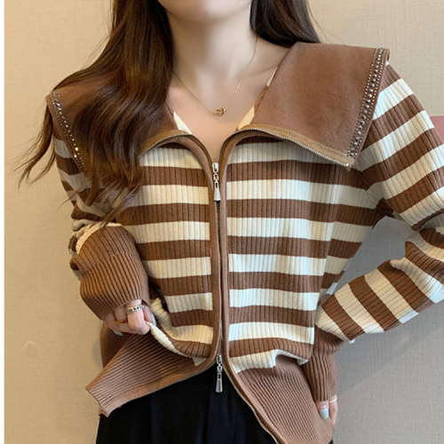 Black and white striped cardigan knitted jacket for women spring and autumn navy collar thin sweater French high-end small fragrance top