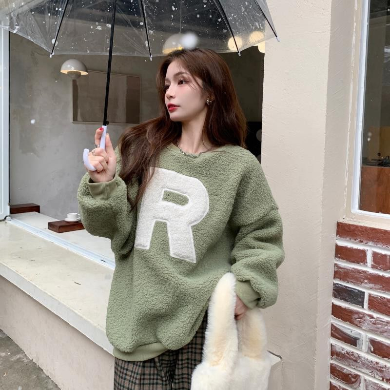 Imitation lamb wool letter thickened round neck sweatshirt for women autumn and winter new style lazy style versatile loose warm top
