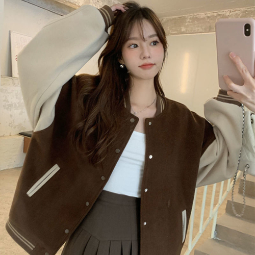 Longfeng nylon fabric spring and autumn jacket for women American retro casual contrast color splicing woolen baseball jacket