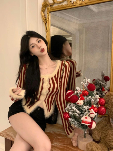 Real shot ~ American vertical striped knitted cardigan for women in autumn and winter new design plush top Christmas sweater