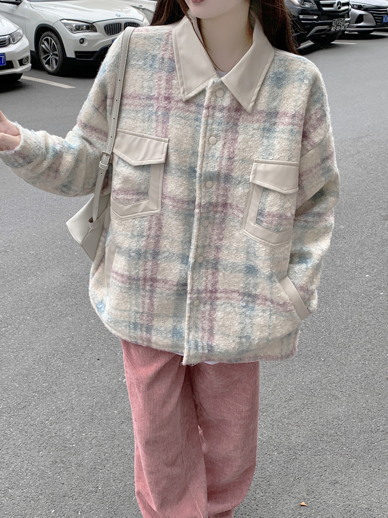 Double-layer inner niche circle wool splicing plaid woolen shirt sweet and cool casual jacket coat top for women