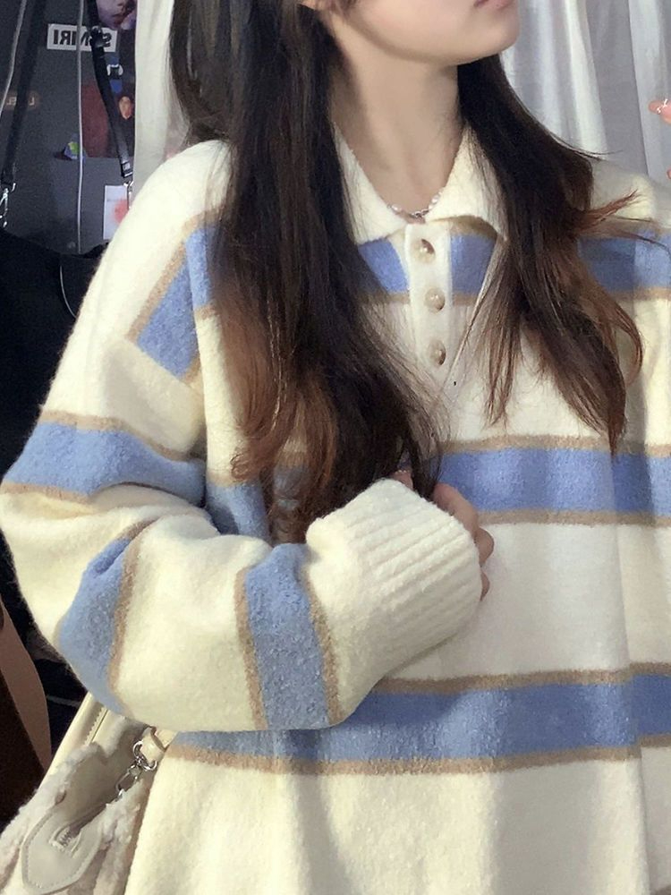 2023 Korean style new design niche loose lazy style polo collar pullover striped knitted sweater for women